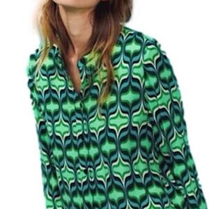 ZARA | Green White Black Geometric Print Long Sleeve Blouse - Retro Groovy